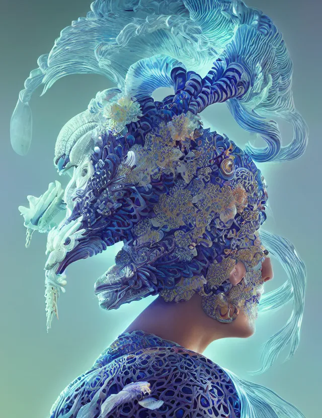 Image similar to 3 d goddess in robe close - up profile portrait with ram skull. beautiful intricately detailed japanese crow kitsune mask and clasical japanese kimono. betta fish, jellyfish phoenix, bio luminescent, plasma, ice, water, wind, creature, artwork by tooth wu and wlop and beeple and greg rutkowski