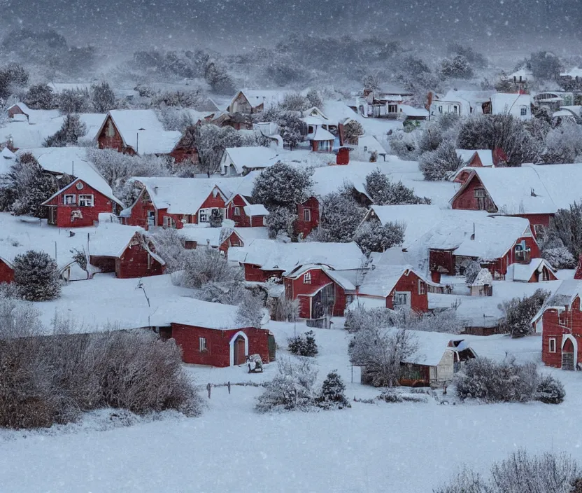 Image similar to A small rural town and neighborhood with small houses from the foreground into the horizon of the background on long roads and streets decorated with Christmas themed objects on their lawns, in the winter months of december, snow is everywhere, it is currently snowing and cloudy, very nostalgic, very melancholic, dramatic angle, rotoscoped, rotoscope, photoshop, photomanipulation, realism, painting, illustration and sketch, weird scribbles, hybrid styles, hybrid art styles, mismatched, trending on artstation, trending on deviantart, weird, quirky, interesting, very detailed, highly detailed, HD Quality, 4k resolution, 8k resolution, in the style of David Firth, in the style of James Lee, in the style of Drue Langlois,