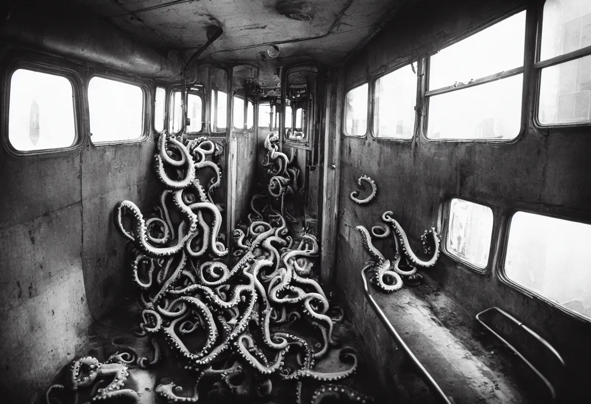 Image similar to a photo of a busy subway wagon, there is a huge monster octopus on the interior, tentcles creeping in thrugh the windows and gaps, people are scared and screaming while trying to flee through the windows, 1 6 mm lens,