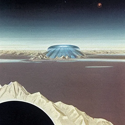 Image similar to dark solar eclipse, above rocky mountains, highly detailed, studio 4 k quality, by chesley bonestell