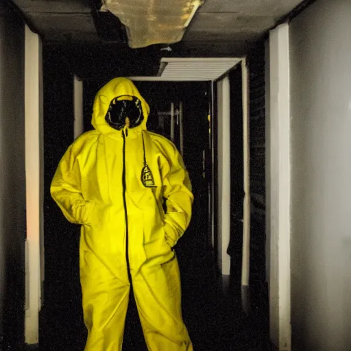Prompt: a man wearing a yellow hazmat suit inside the backrooms, liminal space, flickering fluorecent lights, eerie mood