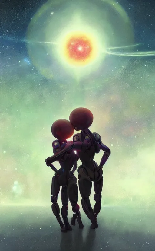 Prompt: digital painting of two humanoid robots hugging each other, supernova in the background, cosmic and stars and planets and galaxy, stunning, surreal, cinematic lighting, concept art by greg rutkowski and simon stalenhag