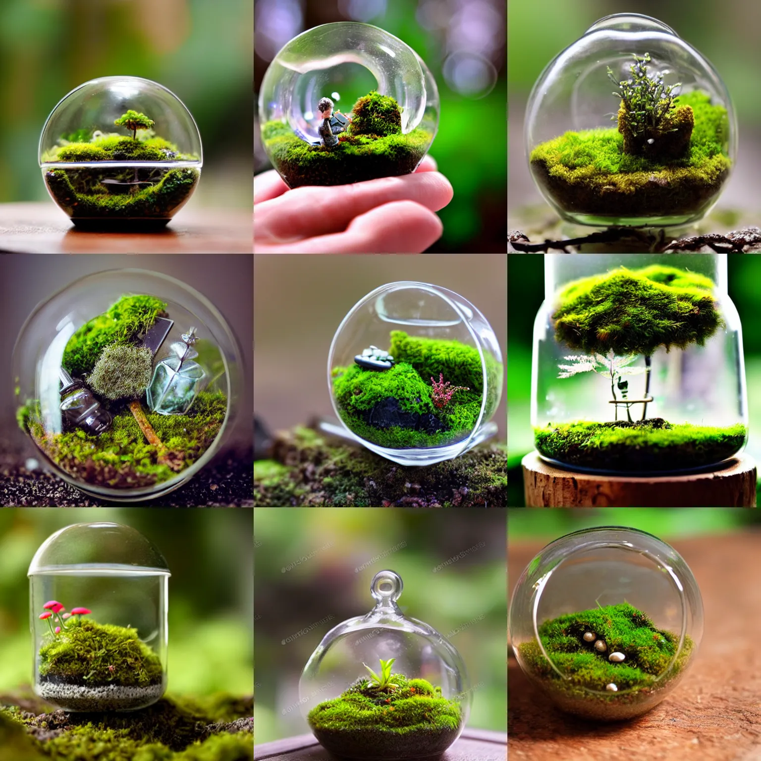 Prompt: moss terrarium, beautiful, bokeh, mini figure