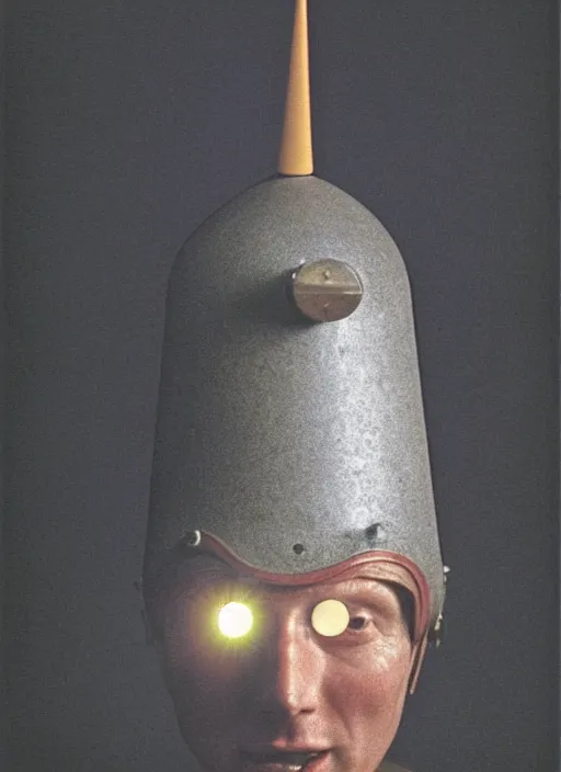 Image similar to realistic photo of a a scientist ritual monk medieval cone hat helmet made of wood, with plastic details detailed, covered in tesla electricity lasers aura, greyscale 1 9 9 0, life magazine photo, natural colors,