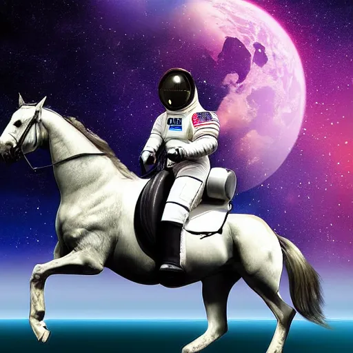 Image similar to digital art, astronaut riding a horse in space