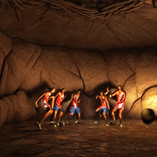 Prompt: octane render of cavemen playing basketball inside cave at night, cave lit by torch light, stalagmites