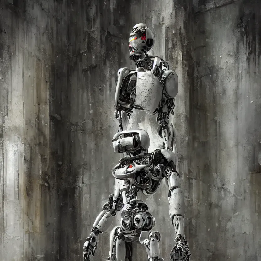 Prompt: a close up shot of a robot in a white robe standing in an abandoned sanctuary, sharp focus, shallow depth of field, blurred background, extravagant matte painting, highly detailed oil painting, 8k, devastatingly beautiful atmosphere, elegant cinematic fantasy art, overwhelming depth and detail, magic, soft colors, masterpiece