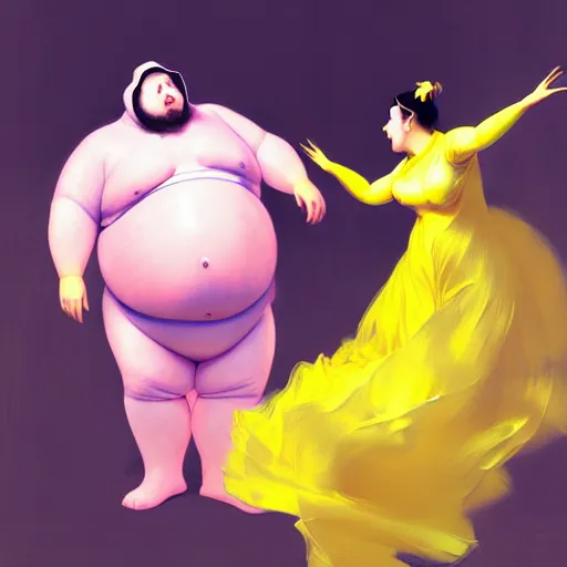 Prompt: a fat man in a yellow hazmat suit and a woman in a pink organza dress both dancing, in a messy laboratory, intricate, elegant, digital painting, concept art, smooth, sharp focus, illustration, from metal gear, by ruan jia and mandy jurgens and william - adolphe bouguereau, artgerm