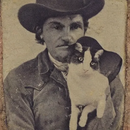 Image similar to close - up portrait of a cowboy holding a cat, 1 8 0 0 s