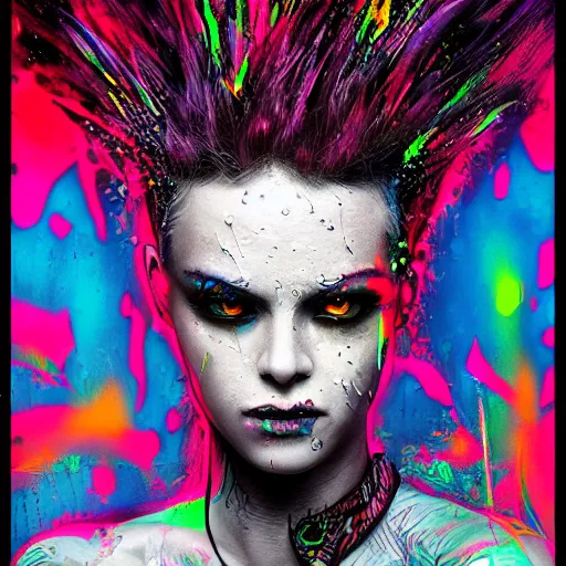 Image similar to splashes of neon, mowhawk, punk portrait made out of paint with rain in the background, trending on artstation, epic composition, emotional, beautiful, rendered in octane, highly detailed, realistic, tim burton comic book art, sharp focus, matte painting