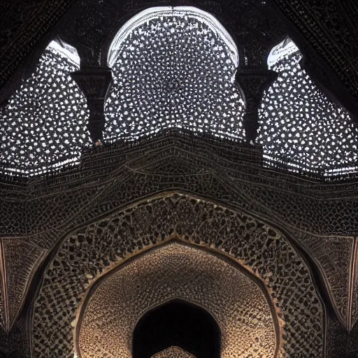 Prompt: ! dream interior of a massive iwan with intricate muqarnas made of glowing obsidian and white marble, detailed, incredible, remarkable, volumetric lighting, cinematic lighting