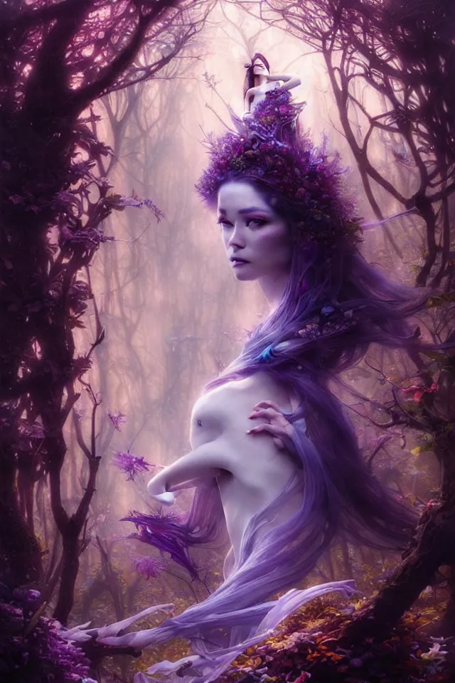 Image similar to ultra detailed photo realistic portrait painting of the empress of the enchanted purple forest, volumetric lighting, by karol bak, greg rutkowski, peter mohrbacher and miho hirano, film poster