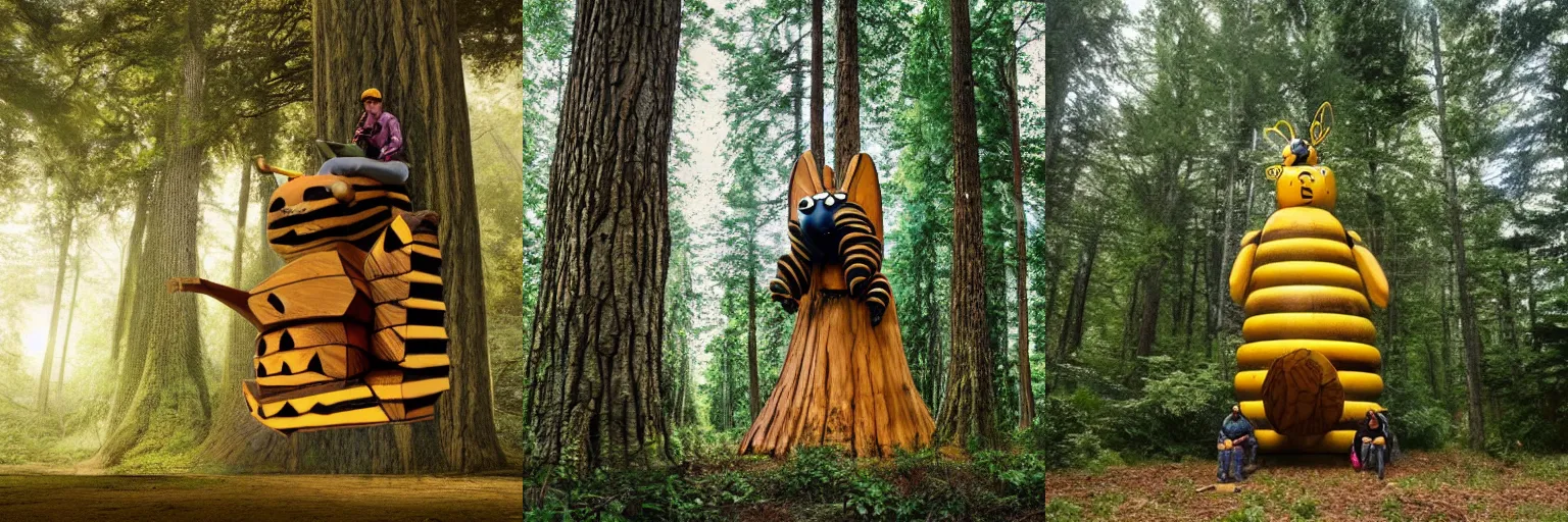 Prompt: a man riding a giant bee in a wood of colossal trees