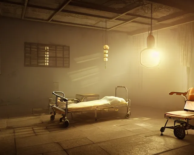 Image similar to artstation scifi scene of an old chinese ward, a bouquet of light on the ground business card, ceiling fan, wheelchair, crutches, beds, dust, paneled walls, unreal engine 5, hyper realism, realistic shading, cinematic composition, blender render, octane render, hdr, detailed textures, photorealistic, wide shot