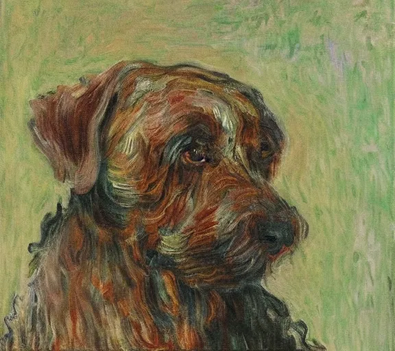 Image similar to studio portrait of a wizened old dog, extremely detailed; oil painting by Claude Monet