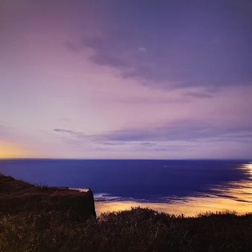 Prompt: night, blue hour, early night, deep blue atmosphere, overcast, low light, sundown, scattered islands, sea, ocean, low pressure system, cloud with eye, very windy, late evening, distant hotel retreat on cliffside, shining lights on cliff side, polaroid photograph