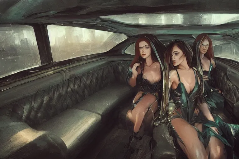 Prompt: several beautiful women in the interior of a cynerpunk limousine, by BROM, by Greg Rutkowski, 3d scene, render, ultra realistic, artstation, cgsociety, level design, unreal engine, 3d scene, zenith view