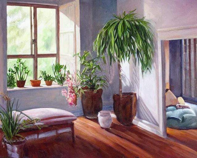 Image similar to A warm painting of a room interior, calm, relaxing, cosy, warm light, warm color scheme, houseplants, fresh flowers, oil on canvas