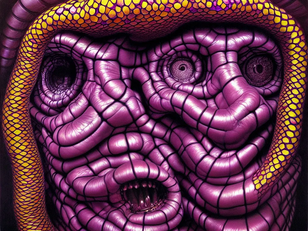 Prompt: hyper realistic painting by chuck close and simon bisley, basil wolverton, depth perception, cinematic horror, kaleidoscopic, dramatic lighting, brightly lit purple room, a web made of snakes