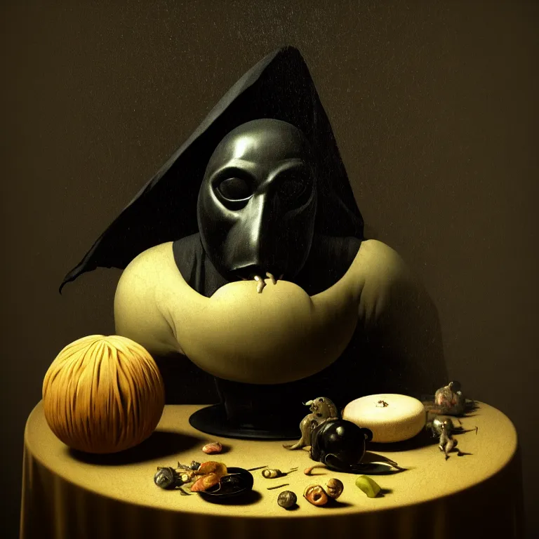 Image similar to still life of black mask by hieronymus bosch, wide shot, soft glow bloom lucid dream - like ethereal atmosphere, baroque portrait painting, perfect composition, beautiful intricate detailed octane render trending on artstation, 8 k artistic photography, volumetric cinematic perfect light, chiaroscuro, masterpiece, raphael, caravaggio, rutkowski, beeple, beksinski