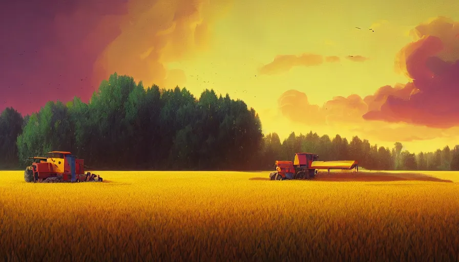 Image similar to colourful sky, wheat field, distant combine harvesters, big trees, matte painting, art station, digital art, simon stalenhag