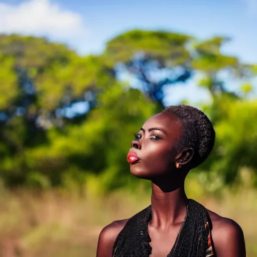 Image similar to portrait of metallic face, african woman, proud looking away, liquid metal, mercury, outdoor, blue sky, nature, 8 k, realistic, depth of field, highly detailed, award winning photography