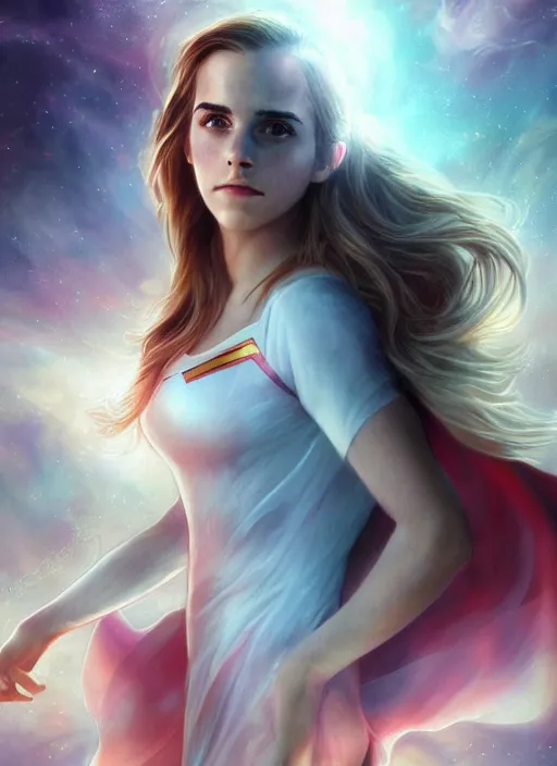 Image similar to emma watson as nature magic celestial, superman pose, long hair, soft pink and white transparent cloth, space, D&D, shiny background, intricate, elegant, highly detailed, digital painting, artstation, concept art, smooth, sharp focus, illustration, artgerm, bouguereau