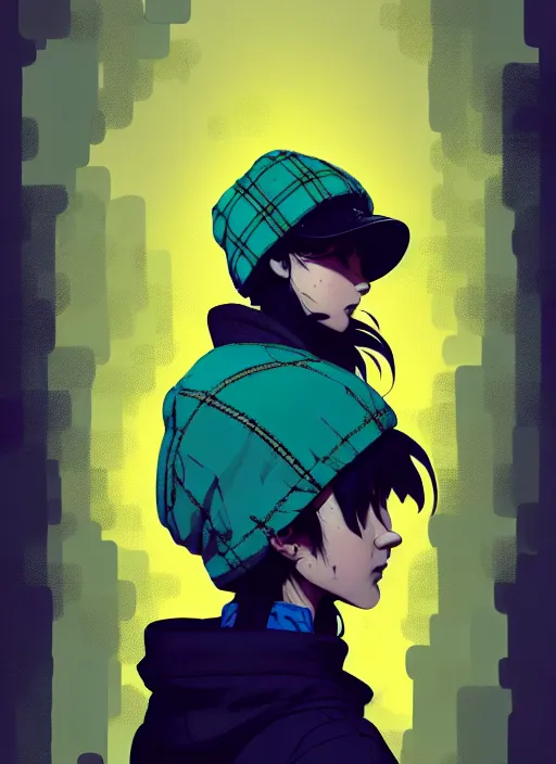 Image similar to highly detailed portrait of a sewer punk lady student, blue eyes, tartan hoody, hat, white hair by atey ghailan, by greg rutkowski, by greg tocchini, by james gilleard, by joe fenton, by kaethe butcher, gradient yellow, black, brown and cyan color scheme, grunge aesthetic!!! ( ( graffiti tag wall