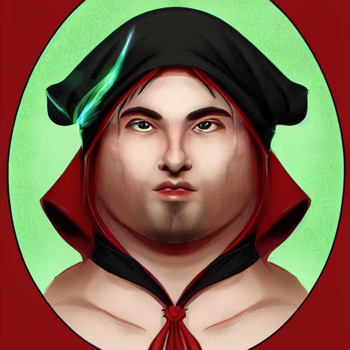 Image similar to portrait, 25 years old :: overweight fantasy mage :: green eyes, short black hair :: wearing a red brown robe, pointed mage hat :: high detail, digital art, RPG, concept art, illustration, realistic