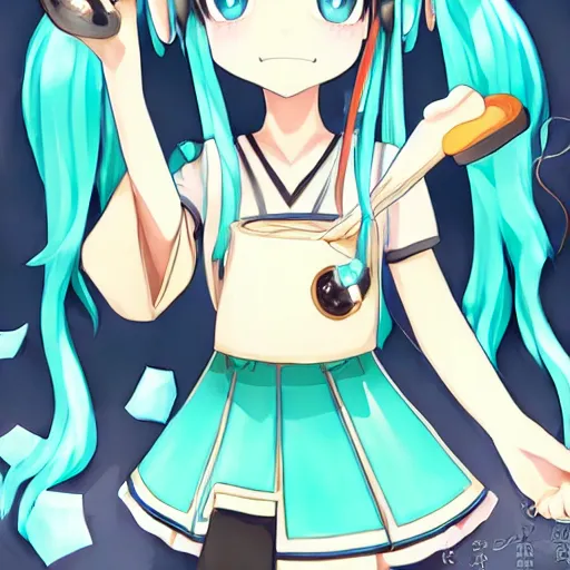 Prompt: hatsune miku with with a ladle in hands cooking food, high quality anime art, cute art, trending on pixiv