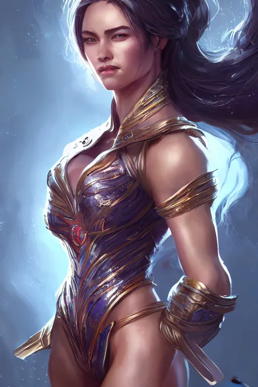 Image similar to three quarters portrait pose of a beautiful woman, strong body,super heroine costume,super powers, fantasy, intricate, elegant, highly detailed, digital painting, artstation, concept art,shining, sharp focus, illustration, art by Stanley Lau