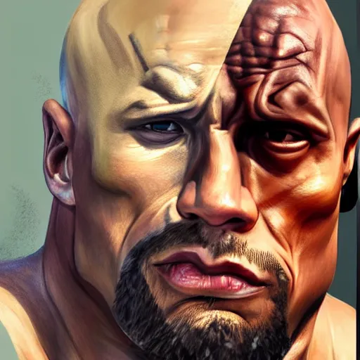 Prompt: semi realistic gouache painting, by bana benedick, by ruan jia, by eng kilian, by denning guy online artists, detailed anime 3 d render of the rock dwayne johnson, cgsociety, artstation, rococo mechanical, digital reality, sf 5 ink style, dieselpunk atmosphere