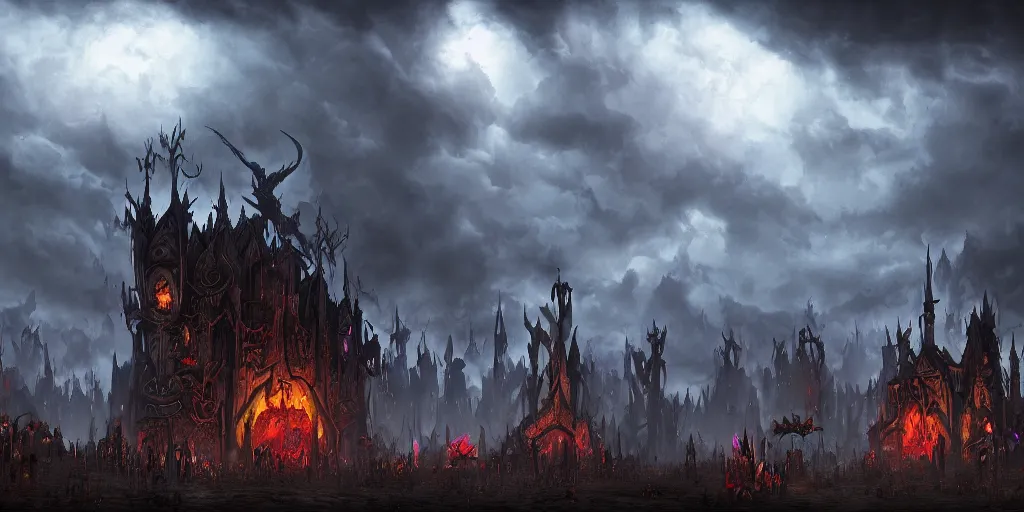 Image similar to a dark fantasy matte painting of a dark evil carnival silhouetted by an evil dramatic sky, tim burton, world of warcraft, league of legends