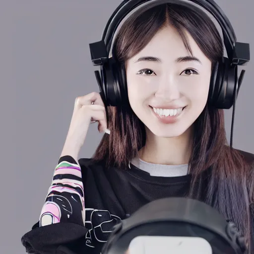 Image similar to wonderful young japanese girl with a mixer playing music, with headphones in her ears, with a sweatshirt with a cap with techno letters, with a vinyl in her hand, in a dark industrial park, realistic mouth, high definition, detailed and symmetrical face, detailed and realistic hands, expressive eyes, 4 k, bright color, epic digital art