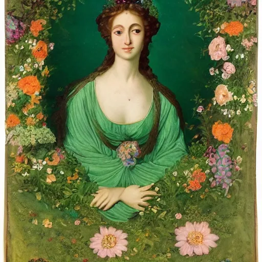 Image similar to portrait of the goddess of nature dressed in a green dress surrounded by flowers and nature