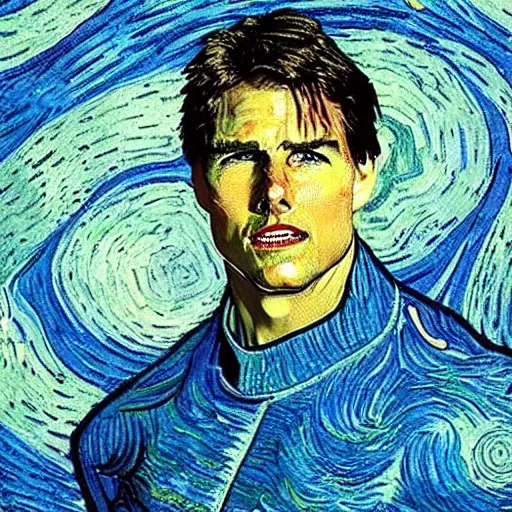 Image similar to Tom Cruise swimming in the sea by Van Gogh