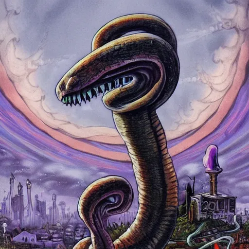 Image similar to A centered chest up portrait of a psychedelic demonic anthropomorphic snake smoking a hand-rolled cigarette smoking heavily , magic mushroom village in background , award winning. superb resolution. in the art style of junji Ito and greg rutkowski . Detailed Mushroom city in background. Hyper realistic anime. Perfect art. Dalle2