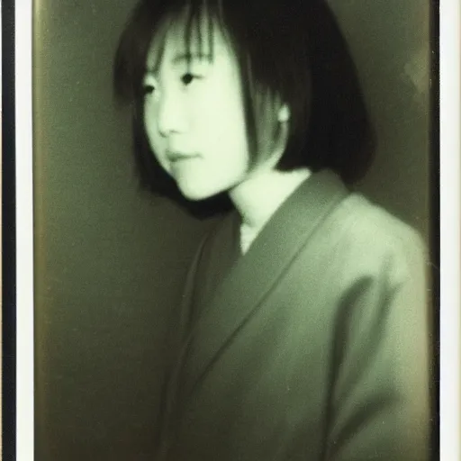 Image similar to polaroid of a young japanese woman on a train at night