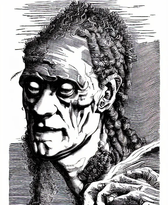 Prompt: frankenstein, art by james o barr and albrecht durer, woodblock print, engraved, black and white, vector, vector art