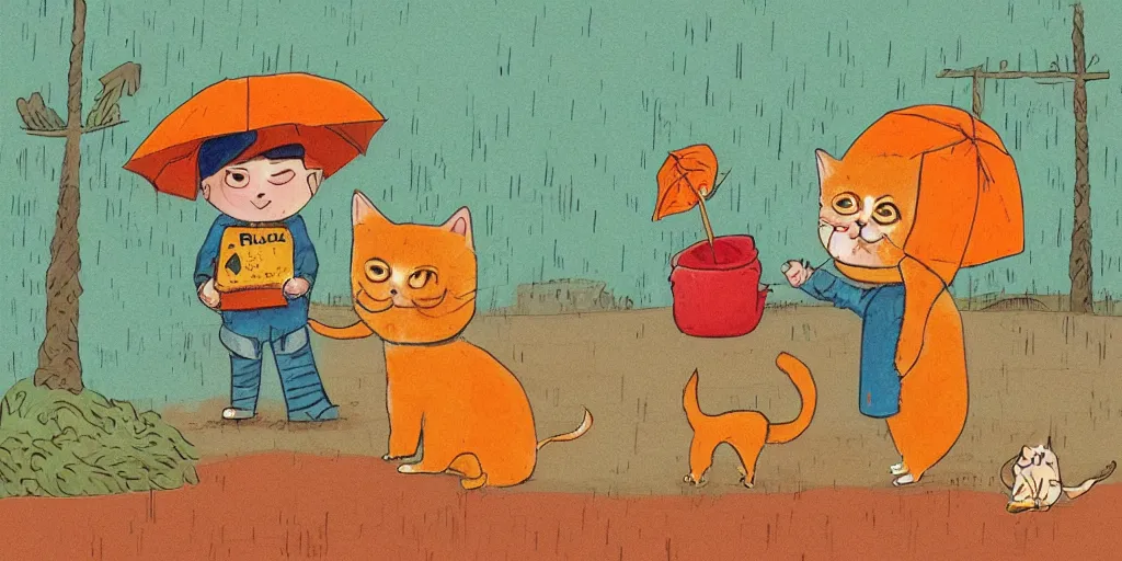 Image similar to a beard man and an orange tabby kitten standing in the rain by richard scarry