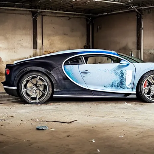 Image similar to an abandoned, derelict, ( really rusty ) bugatti chiron in a dirty warehouse