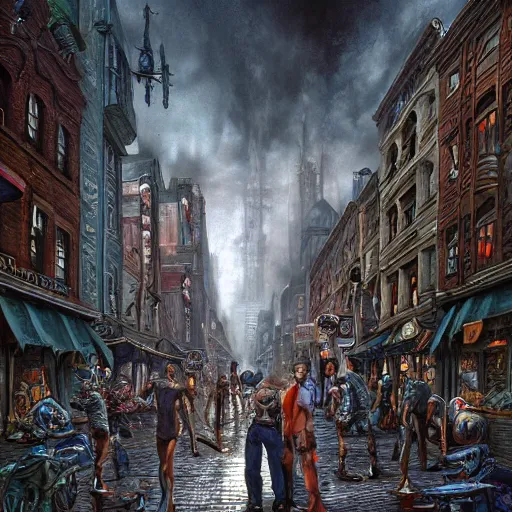 Prompt: street view of a busy street in a horror city, by wes benscoter, anne stokes, keith thompson