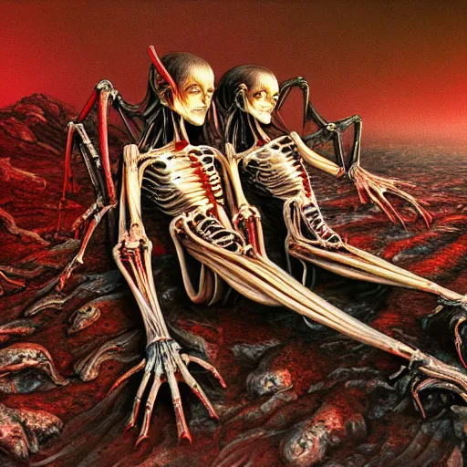 Image similar to conjoined demon twins sitting legs crossed in a desert hellscape covered in gore by Yoshitaka Amano, by HR Giger, biomechanical, 4k, hyper detailed, hyperrealism, anime, a Broken World demons flying overhead, red sky, blood and body parts, deviantart, artstation