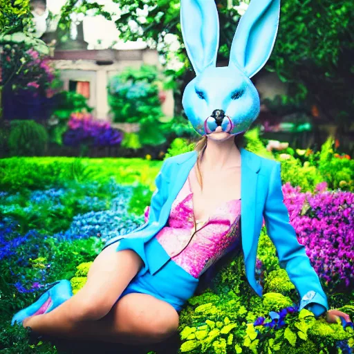 Prompt: a super model wearing a blue suit and a bunny mask, looking feminine and fierce , in the middle of a colorful garden, Alice in wonderland theme, detailed, cinematic lighting, photo in the style of Annie Leibovitz and David lachapelle and Steve meiele