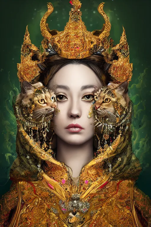 Image similar to a beautiful empress portrait, with a brilliant, impossible striking big Cat headpiece, clothes made of cats, everything cats, symmetrical, dramatic studio lighting, rococo, baroque, greens, asian, hyperrealism, closeup, D&D, fantasy, intricate, elegant, highly detailed, digital painting, artstation, octane render, 8k, concept art, matte, sharp focus, illustration, art by Artgerm and Greg Rutkowski and Alphonse Mucha
