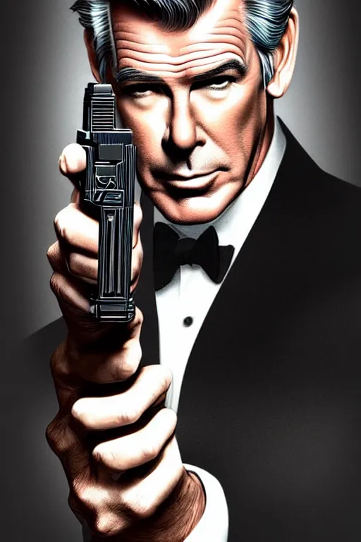 Prompt: Pierce Brosnan as James Bond holding highly detailed Glock pistol, art deco, cinematic intricate art deco leaf designs, elegant, , sharp focus, art by Artgerm and beeple and WLOP