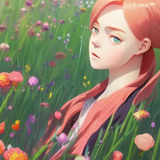 Image similar to a portrait of Elle fanning, field of flowers background, rich vivid colors, ambient lighting, dynamic lighting, 4k, official media, anime key visual, makoto shinkai, ilya kuvshinov, lois van baarle, rossdraws, detailed, trending on artstation