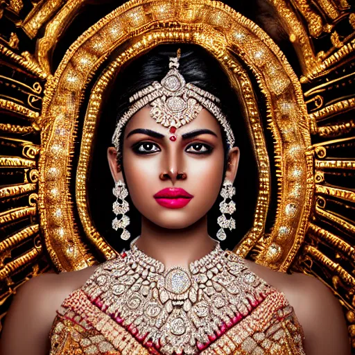 Prompt: portrait of wonderful hindi princess of diamond with dark skin, ornate with diamonds, 8 k, gorgeous, intricate, detailed, glowing white accent lighting, dramatic lighting, octane render