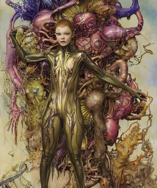 Prompt: a portrait photograph of a mutated alien super villian with slimy skin and wings. she looks like sadie sink and is trying on a colorful infected bulbous shiny organic catsuit. by donato giancola, hans holbein, walton ford, gaston bussiere, peter mohrbacher and brian froud. 8 k, cgsociety, fashion editorial