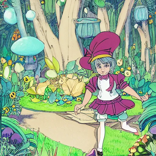 Image similar to colored illustration for alice in wonderland, in style of studio ghibli